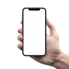 Poster - Hand holding a smartphone. Transparent mobile screen mockup. No background