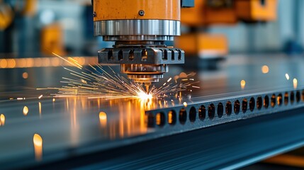 Poster - precision laser cutting machine in shipbuilding industry creating sparks from metal sheet during fab