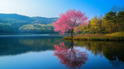 Poster - A calm lake reflecting a single pink cherry blossom tree