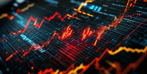Poster - Close up of a stock market chart with candlestick patterns and financial data for analysis