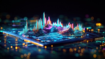 Poster - Vibrant city skyline at night with colorful illuminated buildings and lights reflecting off the water