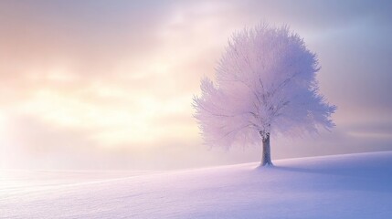 Poster - A lone tree on a vast white snowy field under a soft gradient sky