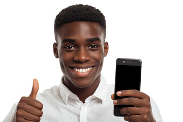 Poster - With a blank phone in hand, a businessman smiles and gives a thumbs up while laughing at the camera.