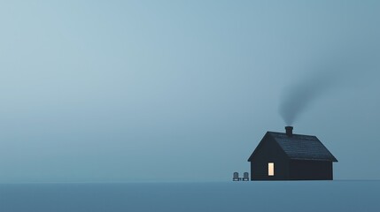Poster - A minimal winter scene with a single cabin and chimney smoke