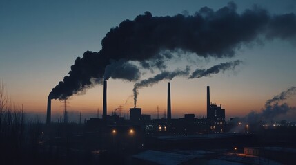 Poster - Industrial landscape with smoke rising from chimneys during twilight hours in an urban setting. Generative AI