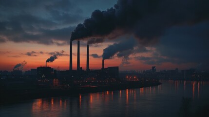 Poster - Dark clouds of smoke billowing from industrial chimneys at sunset over a river city skyline. Generative AI