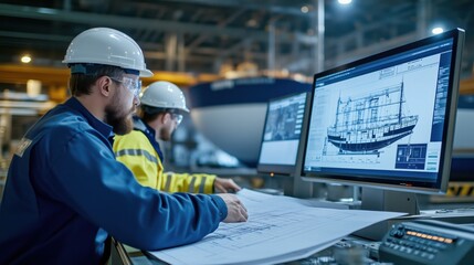 Poster - Skilled Workers Collaborate on Shipbuilding Plans in Modern Industrial Facility, Highlighting Precision and Craftsmanship in Naval Engineering Projects