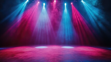 Poster - An illuminated concert stage with colorful beams of light and soft fog, ideal for event branding or copy space for text.