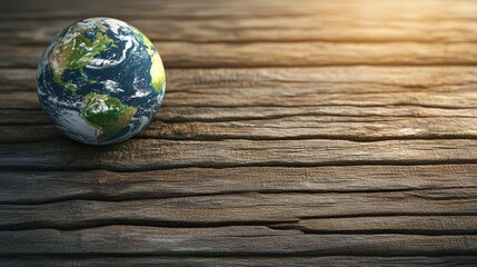 Poster - Small globe sitting on a wooden surface with a blurred photo in the background
