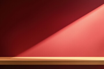 Aufkleber - Empty wooden tabletop against red wall with light brown shadows: minimalist background