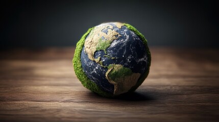Poster - Small globe placed on wooden table with photo frame in background showcasing travel and exploration theme