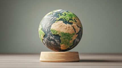 Poster - Wooden stand holding small globe and photograph on display in bright room