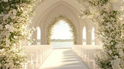 Poster - A dreamy wedding ceremony setting with white floral arches and soft golden lighting, offering ample copy space for design.