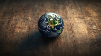 Poster - Small globe resting on a wooden surface showcasing the earth and geographic features in a natural setting