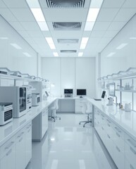 Poster - an empty modern laboratory interior, featuring equipment, tables and computers, reflecting a professional and sterile environment. The perspective creates a sense of depth