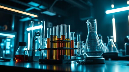 Poster - Laboratory glassware filled with various colored liquids. Close-up shot of beakers, flasks, and test tubes in a modern laboratory setting.  The ambiance is cool and professional.