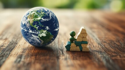 Poster - Small wooden figurine of a man sitting on a wooden table next to a small globe and photo frame