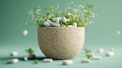 Poster - Small pot containing white pills and colorful flowers arranged together on a wooden surface