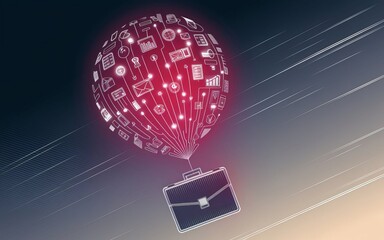 Poster - A Digital Ascent: A futuristic graphic of a glowing sphere of technology ascends, connected to a briefcase. Depicting the digital evolution of business and its influence on global opportunities.