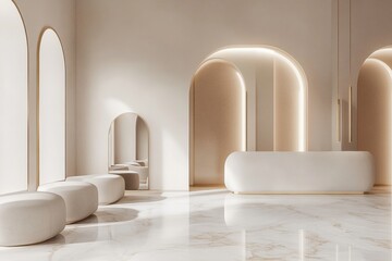 Fototapete - Minimalist interior design featuring curved elements and soft lighting in a modern space. Generative AI