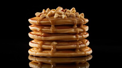 Poster - A stack of peanut butter pancakes with chopped nuts on top, creamy and rich tones contrasting with a dark background.