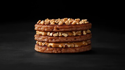 Poster - A stack of peanut butter pancakes with chopped nuts on top, creamy and rich tones contrasting with a dark background.