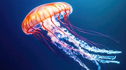 Poster - A surreal, glowing jellyfish floating in a deep sea environment with soft blue and purple lighting.