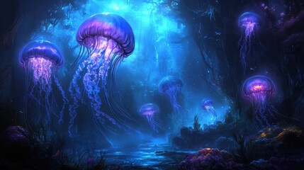 Poster - A surreal, glowing jellyfish floating in a deep sea environment with soft blue and purple lighting.