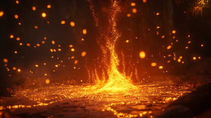 Poster - Fiery volcanic eruption dramatic lava flow inferno hot orange sparks red fire heat glow dark power