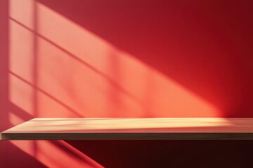 Aufkleber - Empty wooden tabletop on a red wall with window light creating shadows