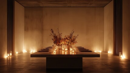Poster - A wedding reception with soft floral arrangements on a minimalist table and a romantic candle-lit atmosphere, surrounded by blank space.