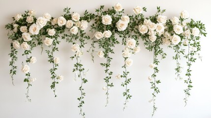 Poster - A white floral wedding backdrop with delicate rose arrangements and ivy, perfect for use as a clean design space for messages or invitations.