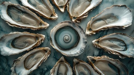 Poster - Close-up of oyster shells arranged in a circular pattern on a marble surface with soft lighting and elegant composition.