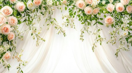 Poster - Elegant wedding backdrop featuring soft pastel-colored roses, greenery, and satin drapes, with ample space for text or graphics.
