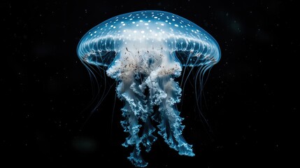 Poster - Minimalist composition of a single jellyfish centered against a deep black background, soft bioluminescence effect.