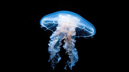 Poster - Minimalist composition of a single jellyfish centered against a deep black background, soft bioluminescence effect.