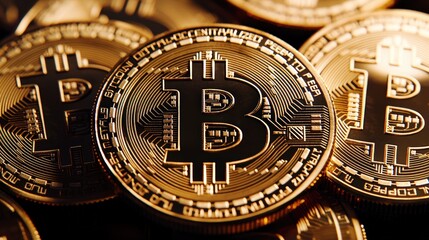 Poster - Stack of bitcoin coins with a digital photo background representing cryptocurrency investment