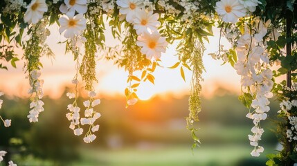 Poster - Wedding ceremony background with soft white floral decorations hanging from a metal frame, set against a beautiful sunset with open space.