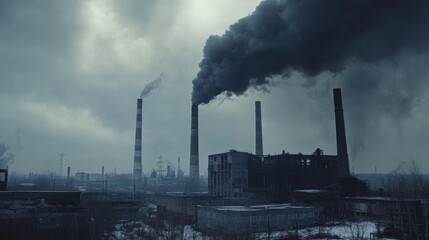 Poster - Industrial landscape with dark smoke emitting from chimneys in a desolate setting during overcast weather. Generative AI