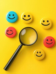 Aufkleber - Colorful smiley faces with a magnifying glass on a bright yellow background create a cheerful and playful atmosphere for positivity. Generative AI