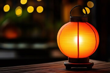 Wall Mural - Round orange paper lantern lighting up a wooden table at night