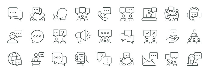 speaking thin line icons set. communication, chat, talking, speech bubble, discussion icon. editable