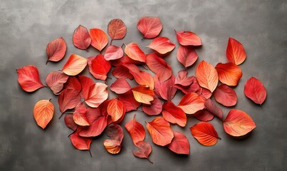 Wall Mural - Artistic arrangement of vibrant red and orange autumn leaves scattered on a textured gray background illuminated by soft natural light