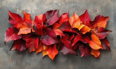 Wall Mural - artistic arrangement of vibrant red and orange autumn leaves on a textured concrete background, illu