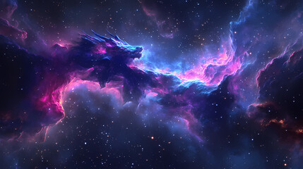 Wall Mural - a cosmic nebula shaped like a dragon, glowing with vibrant hues of purple, blue, and pink, stars twi