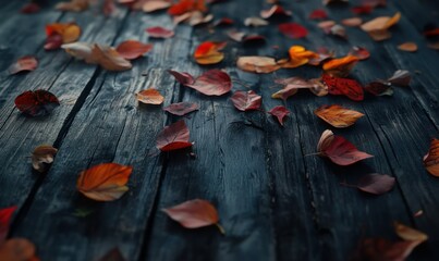Wall Mural - Artistic close-up of colorful autumn leaves scattered on a rustic wooden surface, illuminated by soft natural light creating a seasonal aesthetic