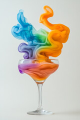 Poster - Modern concept shot of a cocktail glass with layers of vividly colored liquids, showcasing a