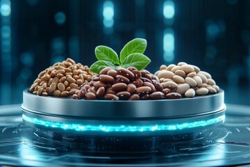 Poster - A futuristic holographic display showcasing different types of beans with nutritional data