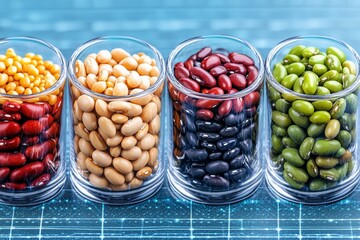 Poster - A futuristic holographic display showcasing different types of beans with nutritional data