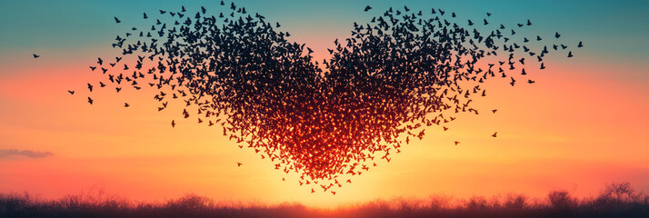 Poster - A spontaneous flock of birds forming a heart-shaped pattern above you, as though nature itself is